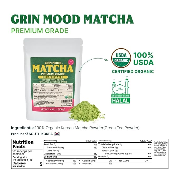 GRIN MOOD Matcha Powder Organic Green Tea Powder - Decaffeinated Green Tea, Authentic Korean Matcha, Halal (3.53oz, Premium Grade)