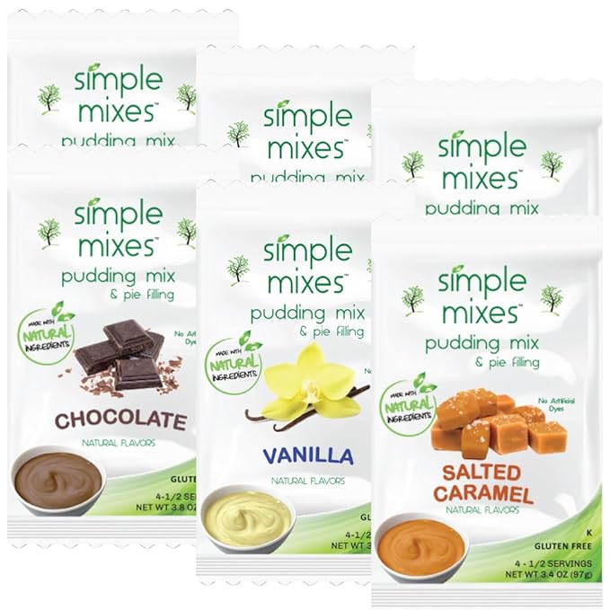 Simple Mixes Natural Instant Pudding & Pie Filling Mix Variety, Chocolate, Vanilla & Salted Caramel, Gluten and Dye-Free, No Fat, or Lactose, Kosher, Variety 6 Pack