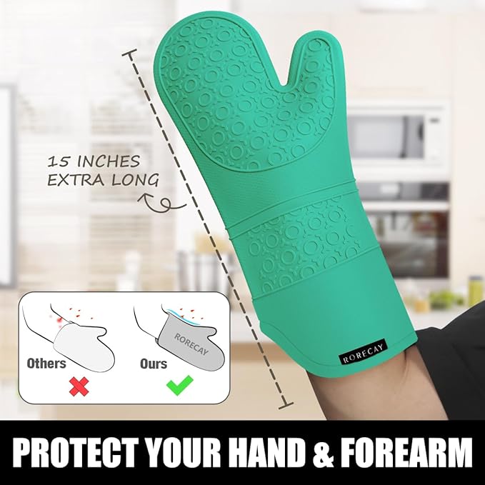 Rorecay 6pcs Oven Mitts and Pot Holders Sets Heat Resistant 500 Degrees, Non-Slip Silicone Hot Pads Potholders for Kitchen Baking Cooking, Extra Long Oven Gloves Quilted Liner, Jungle