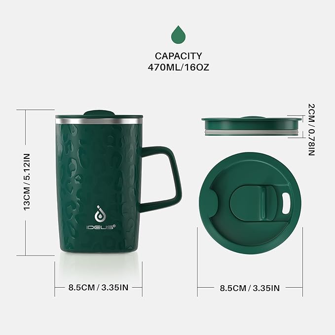 Ideus Vacuum Insulated Coffee Mug, 16oz Reusable Stainless Steel Thermal Double Walled cup with Handle and Slider Lid for Hot & Cold Beverages, BPA Free (Leapord Dark Green)