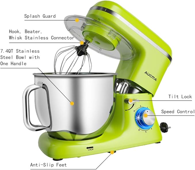 Aucma Stand Mixer,7.4QT Food Mixers, Kitchen Electric Mixer with Dough Hook, Wire Whip & Beater (Green, 7.4QT)