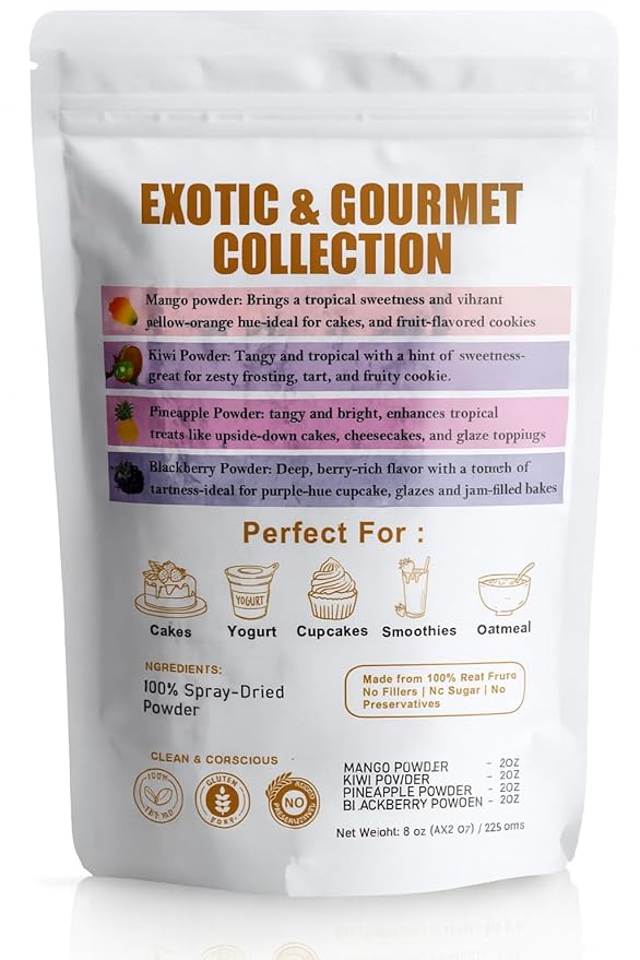 Confect Exotic & Gourmet Collection – 4 x 1.76 Oz Fruit Powder Pack | Kiwi, Blackberry, Mango Alphonso & Pineapple | For Pastries, Sorbets & Cocktails | Vegan, No Sugar – 7 Oz