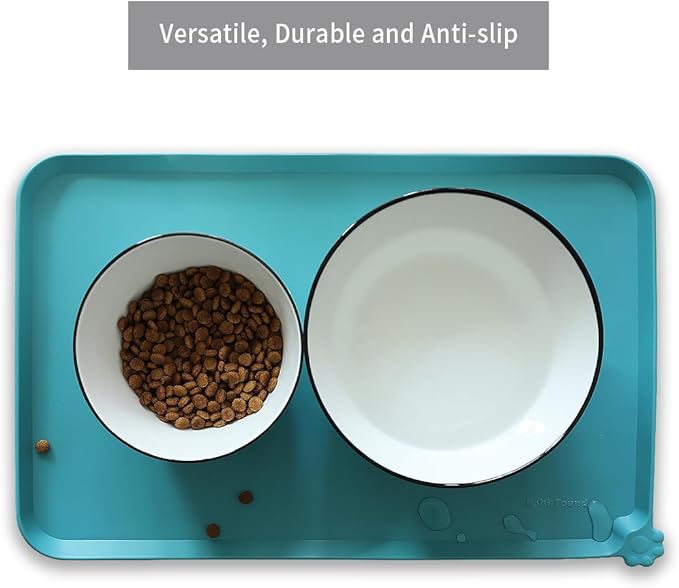 Hoki Found Silicone Pet Food Mats Tray - Non Slip Cat & Dog Bowl Mats - Waterproof & Pet-Friendly for Carpet - Glacier