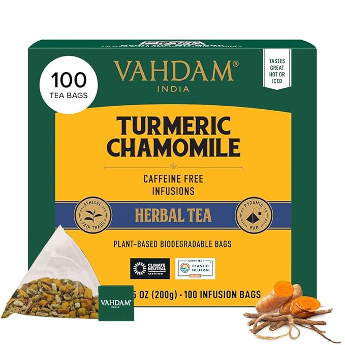 VAHDAM, Turmeric Chamomile Tea Bags (100 Herbal Tea Bags) Caffeine Free,100% Pure Herbal Tisane - Warm, Earthy & Floral | Infused With Chamomile Flowers | Resealable Ziplock Pouch