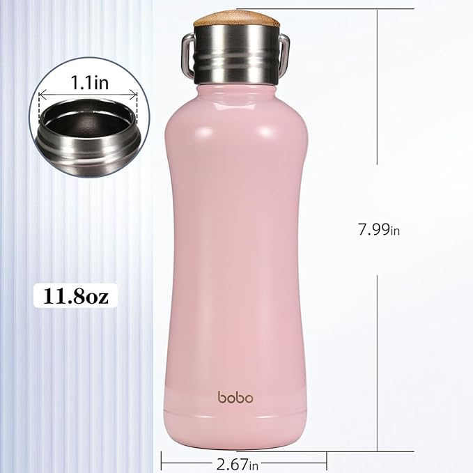 YOHKOH Mini Insulated Water Bottle With Bamboo Lid - 11.8oz Small Vacuum Insulated Water Bottle for Women Kids, 12 Hrs Hot & 24 Hrs Cold Stainless Steel Thermos Leak-Proof BPA-Free (11.8oz,Pink)