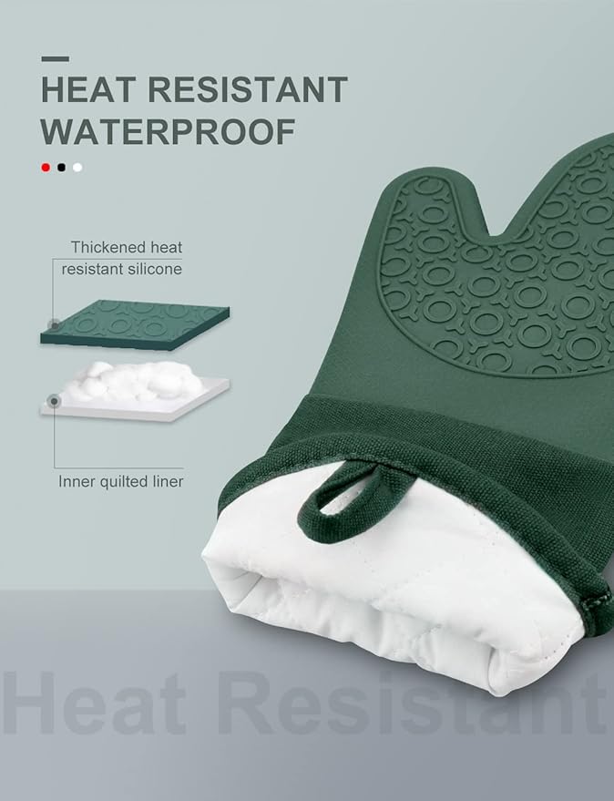 sungwoo Silicone Oven Mitts, Heat Resistant Oven Gloves with Quilted Liner Non-Slip Textured Grip Perfect for BBQ, Baking, Cooking and Grilling - 1 Pair 13.8 Inch Midnight Green