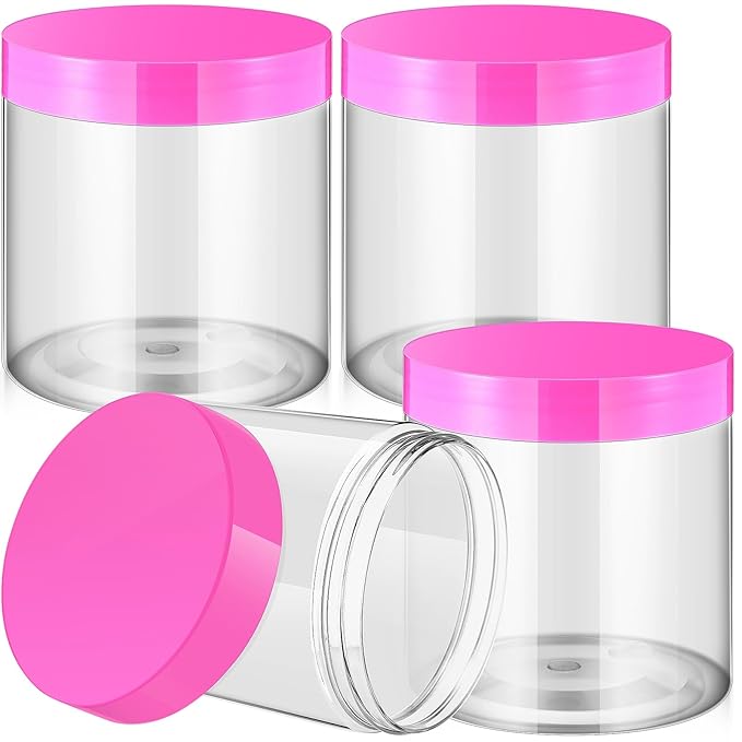 Patelai 4 Pieces Round Wide-mouth Leak Proof Plastic Container Jars with Lids for Travel Storage Makeup Beauty Products Face Creams Oils Salves Ointments DIY Making(16 Ounce,Pink)