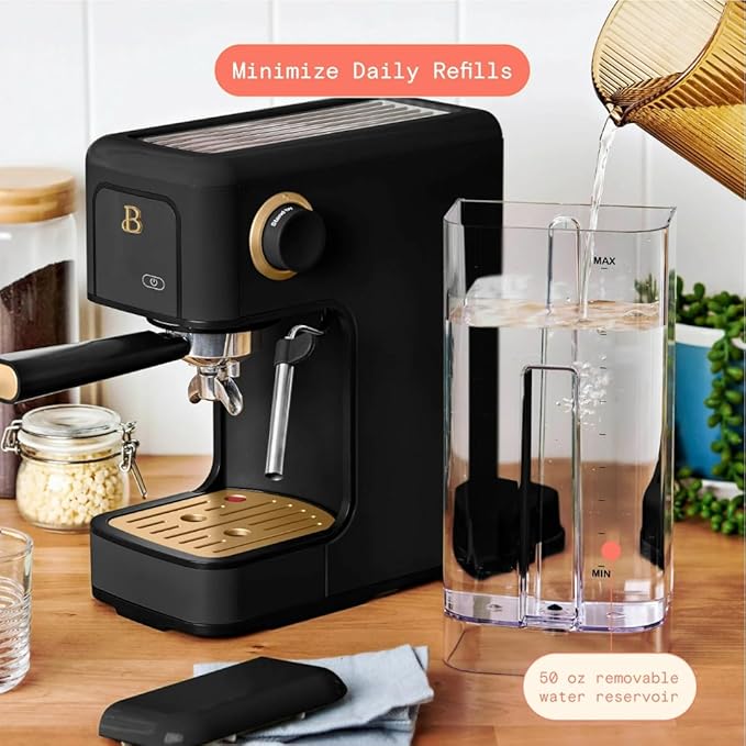 Beautiful Slim Espresso Maker by Drew Barrymore – 20‑Bar Pressure, Dual‑Spout 52 mm Portafilter, 50 oz Removable Tank, 2‑in‑1 Steam Wand & Touch Controls (Black Sesame)