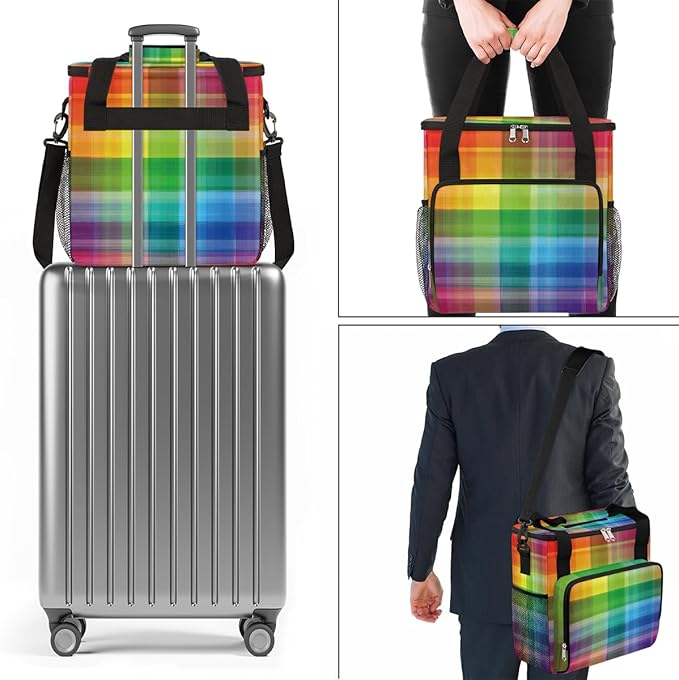 Colorful Rainbow Plaid Coffee Maker Carrying Bag, Coffee Machine Travel Storage Tote Bag Compatible with K-Mini or K-Mini Plus, Portable Single Serve Coffee Brewer Case with Pockets, for K-Cup Pods