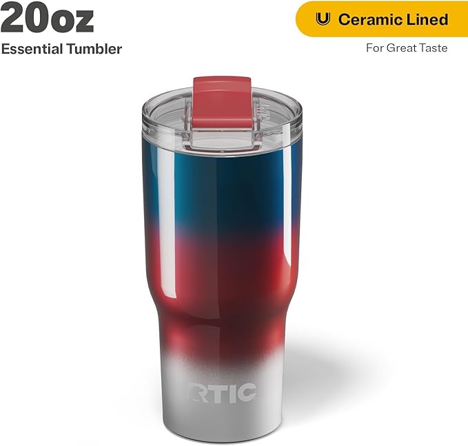 RTIC 20oz Essential Tumbler with Lid, Insulated, Stainless Steel, Metal, Double Wall Vacuum-Insulation, Ceramic Lined, Travel Cup for Iced Coffee, Tea, Hot and Cold Drink, Patriot Metallic