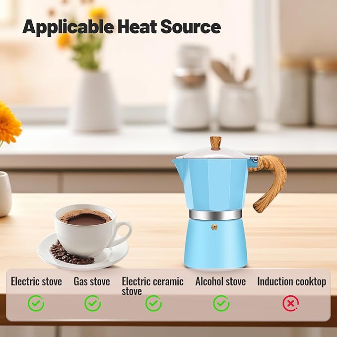 3 Cup Aluminum Moka Pot Classic Stovetop Espresso Coffee Maker 150ml 5oz Coffeemaker Percolator Mocha Pot Greca Coffee Maker Cafe Makers for Italian and Cuban Café Brewing Blue