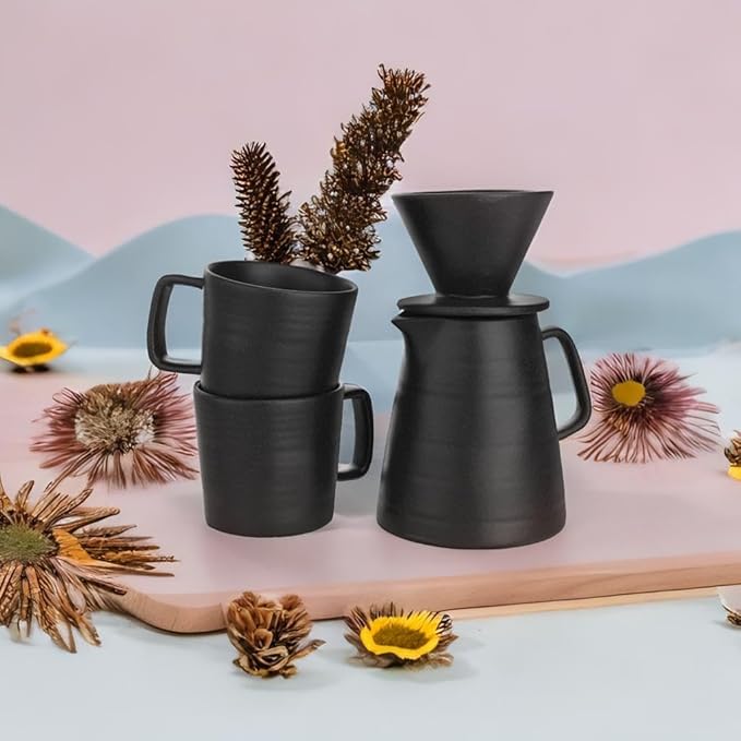Pour Over Drip Coffee Maker Gift Set with Two Coffee Mugs, Non-Electric Pour Over Coffee Dripper, Easy Manual Brew Maker, Dishwasher and Microwave Safe, Filters not included (Black)
