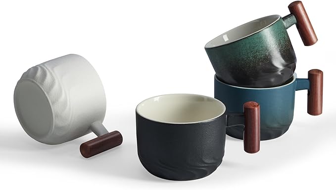 6oz Ceramic Espresso Cups with Wooden Handle, Small Coffee Cups for Latte Cappuccino, Tea Cups Set of 4