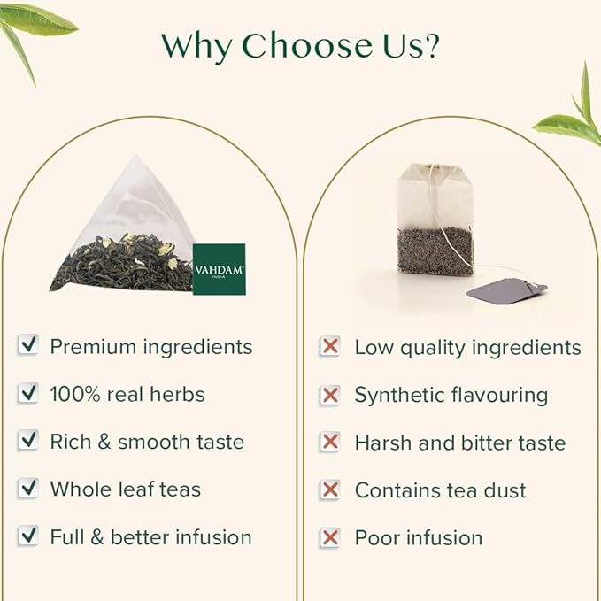VAHDAM, Jasmine Green Tea Bags (100 Count) Med Caffeine, Non GMO | High Grown Green Tea Blended w/Pure Jasmine Flowers | Resealable Ziplock Pouch