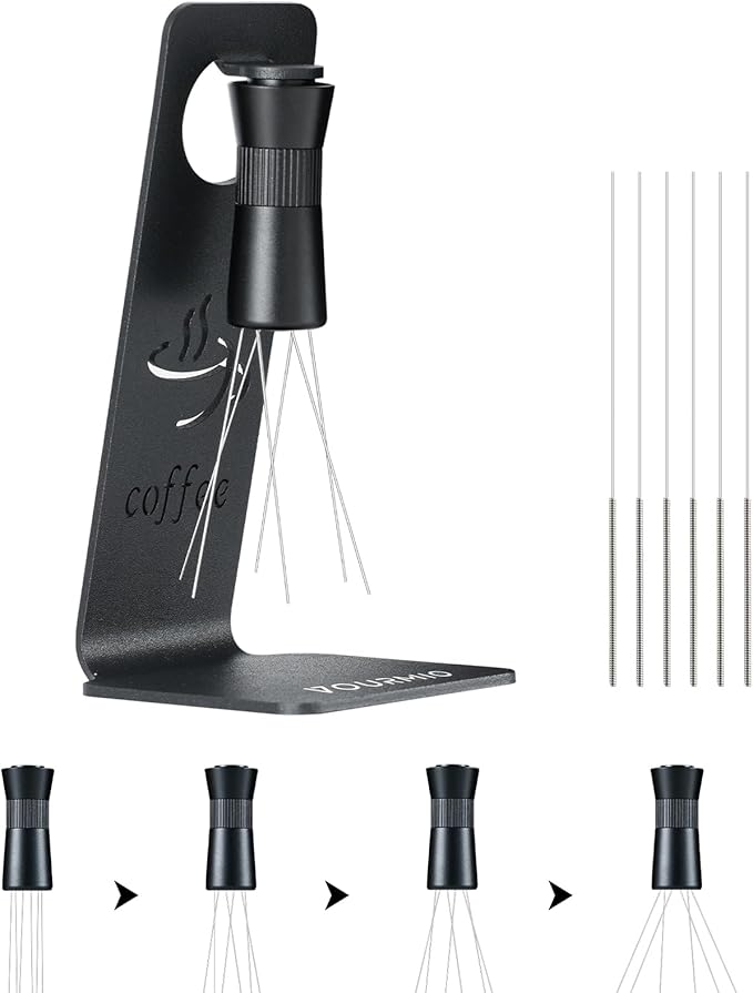 WDT Tool - Coffee Distribution Tool with Magnetic Stand, Adjustable Range Espresso Stirrer, 304 Stainless Steel 6 Needles 0.4mm and 6 Extra Needles 0.25mm