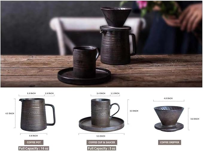 Handmade Stoneware Pour Over Drip Coffee Maker & Cups Set, Coffee Brewer Dripper Cone Filter, Coffee Decanter & Espresso Cups & Saucers Gift Set, Annular Veins Retro Metallic Glazed,16oz