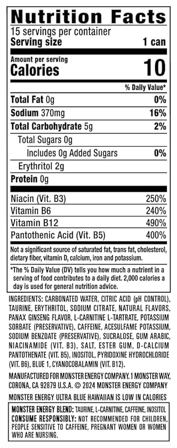 Monster Energy Ultra Blue Hawaiian, Sugar Free Energy Drink, 16 Ounce (Pack of 15)