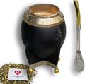 Hide & Smile Torpedo Premium Handmade Mate Kit, pumpkin and leather Cup And Bombilla Set, Authentic Argentine Mate Gourd Tea, Includes Straw, Souvenir from Argentina, Original Design (Black)