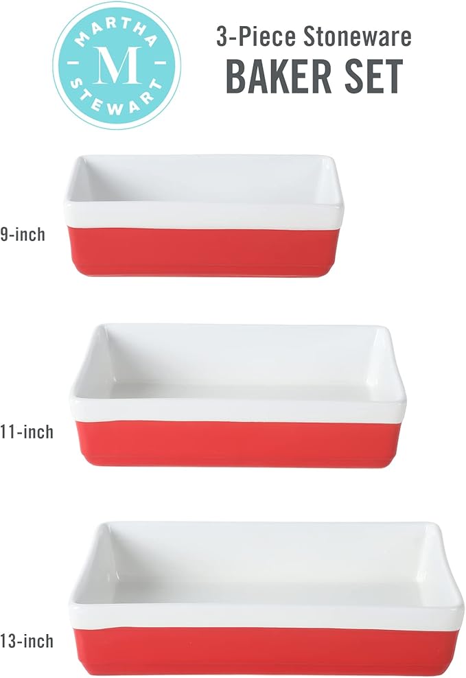 MARTHA STEWART 3 Piece Oven to Table Stoneware Bakeware, Baking Dish & Casserole Set - Red