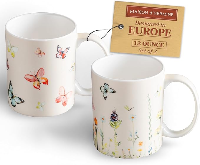 Maison d' Hermine Coffee Mug with Handles Fine Bone China Mugs Pack of Two Tea Cups for Hot Beverages Cappuccino Latte Home Restaurant Office Perfect for Gift (Botanical Fresh, 12 Ounce)