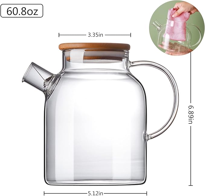 60.8oz Glass Teapot, Stovetop & Microwave Safe Glass Borosilicate Tea Pot,Clear Teapot with Strainer, Glass Tea Kettle with Wooden Lid, Loose Leaf、Fruit Tea and Fragrant Tea