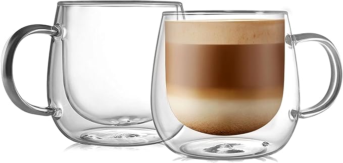 CNGLASS 16oz Double Walled Glass Coffee Mugs(2-pack),Large Clear Coffee Cups with Handle,Glass Espresso Mugs for Latte,Cappuccino,Tea