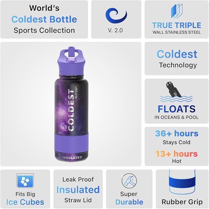 Coldest Insulated Water Bottle with Straw Lid - Stainless Steel Metal Insulated Bottle for Men & Women (Astro Purple, 32 oz)