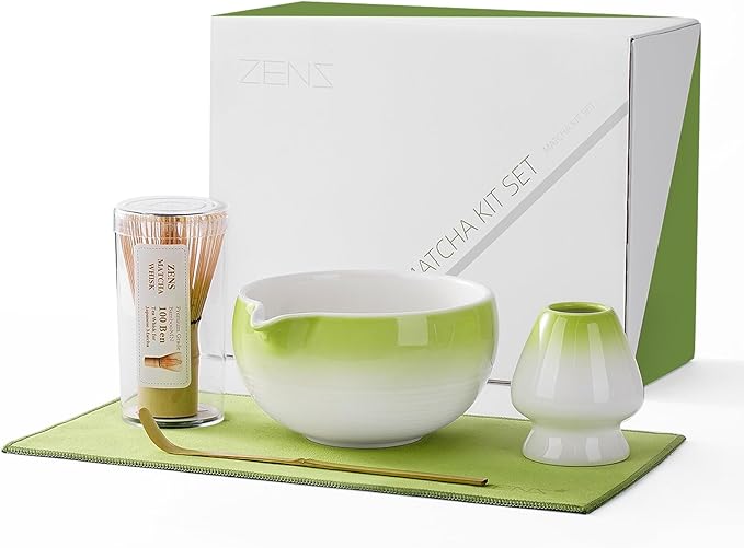 ZENS Matcha Whisk Set, 15oz Hand-Glazed Matcha Bowl with Spout and Bamboo Whisk, Whisk Holder (Chasen), Scoop & Tea Towel, 5pcs Matcha Tea Set Gift for Matcha Ceremony, Green