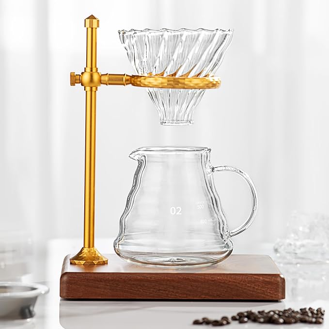 Pour Over Coffee Maker Set – Glass Coffee Dripper with Stainless Steel Stand, Wooden Base & 40 Filters – Travel Filter Coffee Maker