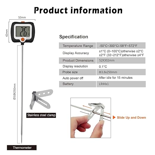 10 Inch Long Digital Candy Thermoometer with Pot Clip,Deep Fry Thermometer,Rotating Display, Best Instant Read Food Meat Thermometer for Candy Making or Deep Frying