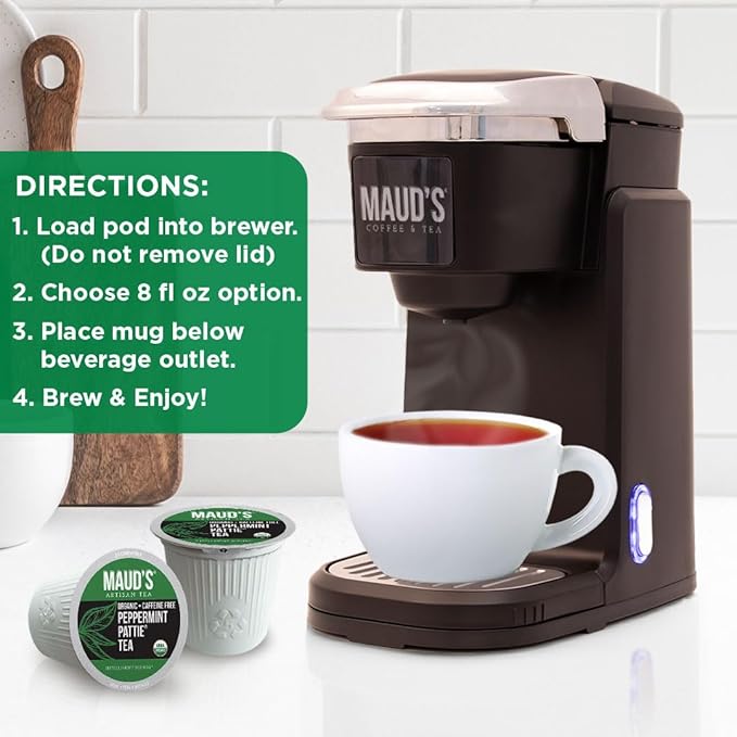 Maud's Organic Peppermint Tea Pods, 48 ct, Recyclable Single Serve Pods – 100% Gourmet Blended Tea Leaves, Compatible with Keurig K Cups Maker