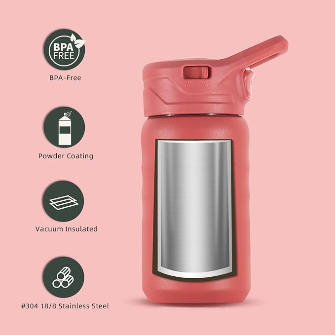 IDEUS Insulated Water Bottle 12oz, Stainless Steel Insulated Water Bottle For School, Insulated Bottles With Straws Leakproof, Vacuum Double Wall Water Bottles For Boys And Girls With 2 Lids, BPA Free