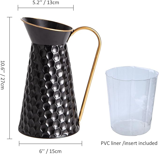Elegant Black Metal Pitcher Vase, Farmhouse Galvanized Flower Vase, Rustic Decorative Milk Jug for Home Décor