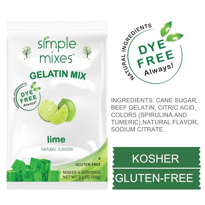 Simple Mixes Natural Gelatin Variety Pack, 2 Each: Strawberry, Orange & Lime, Healthy, Dye-Free, No Gluten or Fat, Kosher, 6 Pack