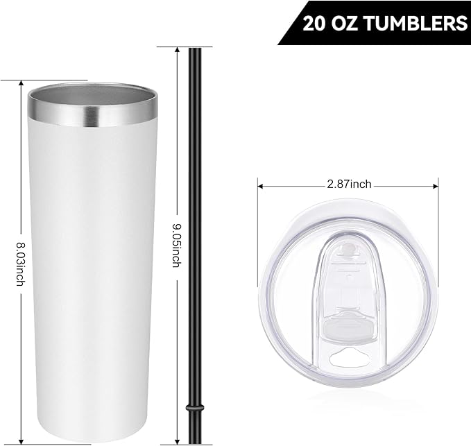 VEGOND Stainless Steel Tumblers Bulk 6 Pack, 20 oz Vacuum Insulated Skinny Tumblers with Lid and Straw, Double Wall Coffee Mug, Travel Water Cup, White