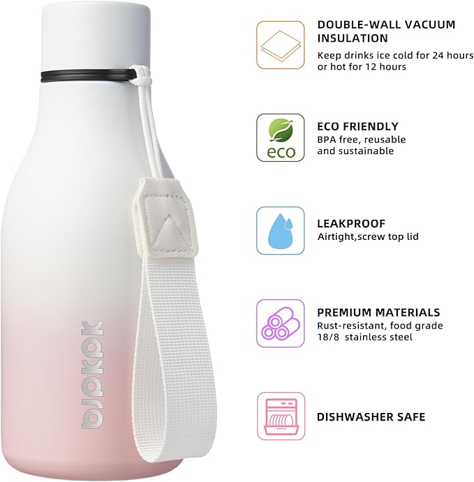 BJPKPK Insulated Water Bottles, 12oz Stainless Steel Metal Water Bottle with Strap, BPA Free Leak Proof Thermos, Mugs, Flasks, Reusable Water Bottle for Sports & Travel, Graceful Pink