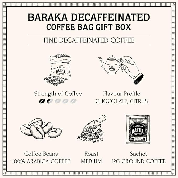 Bacha Coffee | Baraka Fine Flavoured, Medium Roast, 100% Arabica Specialty Coffee, 12 Coffee Drip Bags, Gift Box