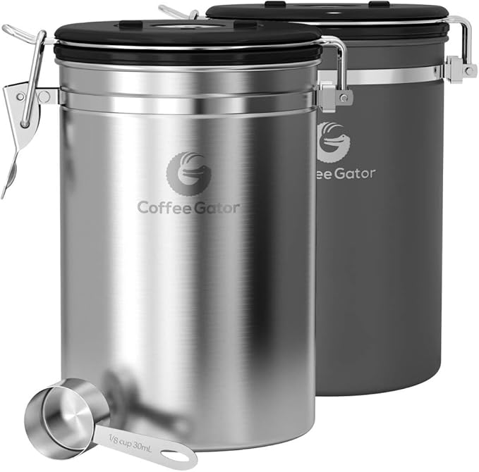Coffee Gator Coffee Canister, 2pack 16oz Airtight Stainless Steel Kitchen Food Storage Container with Date Tracker, Scoop for Grounds Coffee Bar Accessories, Beans, Tea, Sugar, Flour - Gray&Silver