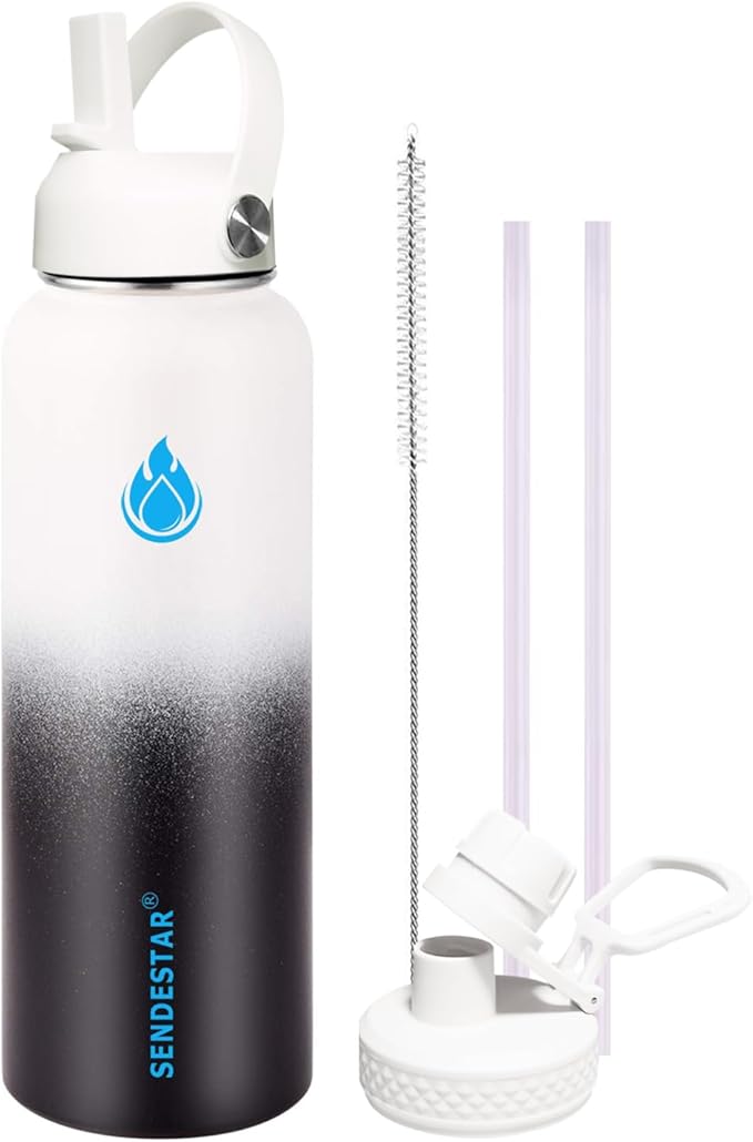SENDESTAR Water Bottle 40oz Double Wall Vacuum Insulated Leak Proof Stainless Steel Sports Water Bottle—Wide Mouth with New Flex Straw Lid & Spout Lid (Day&Night)