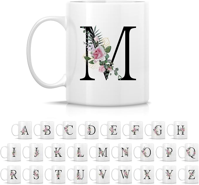 Retreez Initial A-Z Floral Botanical Bouquet Alphabet Monogrammed Monogram Mug 11 Oz Ceramic Tea Coffee Mugs - Appreciation Thank You Wedding Birthday Gifts for her friend coworker sister - M Initial