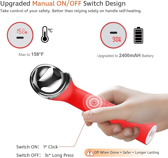 Heated Ice Cream Scoop with Holder(Newest Gen 3.0): USB Rechargeable Electric Icecream Scooper with Manual On/Off Switch,2025 Kitchen Gadgets for Hard Ice Cream, Waterproof IP67,Max to 158℉