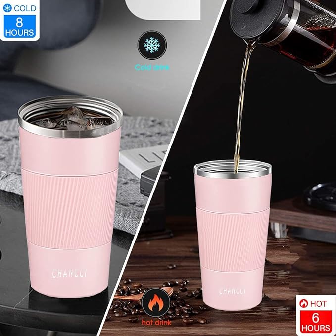 Travel Coffee Mug Spill Proof Leakproof 16 oz Insulated Coffee Mug with Screw Lid, Stainless Steel Vacuum Tumbler Reusable Thermal Coffee Cup to go for Hot and Cold Drinks -510ml,Pink