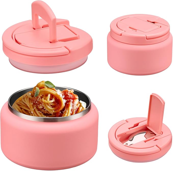 Soup Thermo for Hot Food Kids 13.5oz Lunch Containers with Buckle Lid Wide Mouth Hot Food Jar Vacuum Insulated Stainless Steel Bento Box Leakproof with Spoon(Pink)