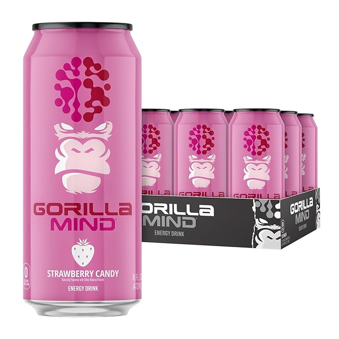 Gorilla Mind Energy Drink | Unmatched Energy · Amplified Focus | N-Acetyl-L-Tyrosine, Alpha-GPC, 200mg Caffeine, Uridine, Saffron | 0 Sugar Or Artificial Colors | 16oz, 12-Pack (Strawberry Candy)