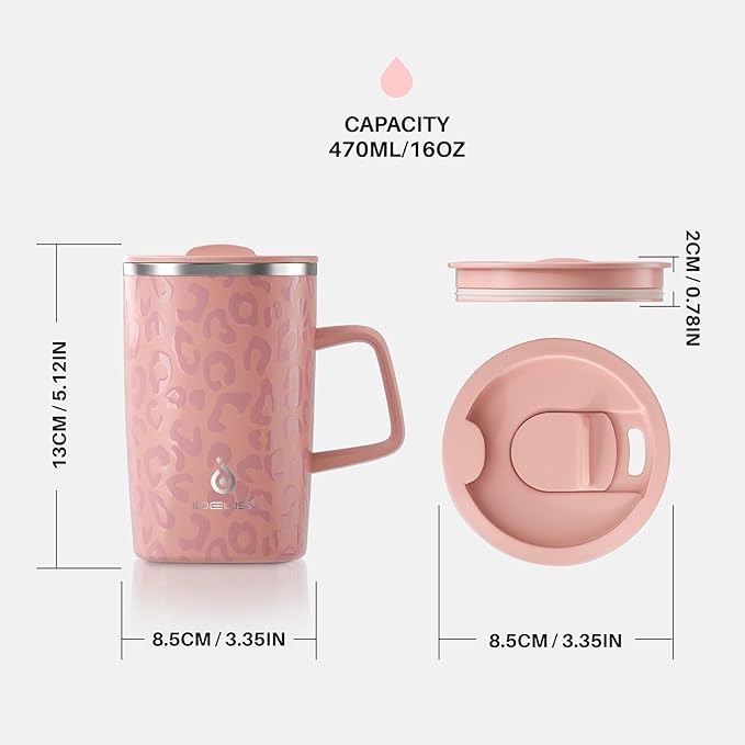 Ideus Vacuum Insulated Coffee Mug, 16oz Reusable Stainless Steel Thermal Double Walled cup with Handle and Slider Lid for Hot & Cold Beverages, BPA Free (Leapord Pink)
