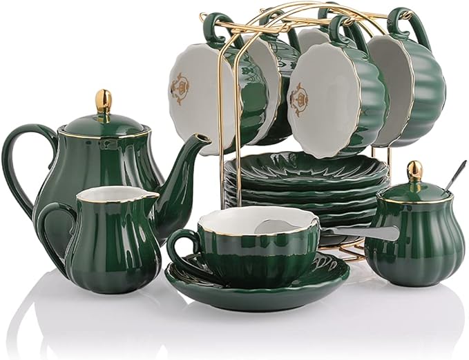 Porcelain Tea Sets British Royal Series, 8 OZ Cups& Saucer Service for 6, with Teapot Sugar Bowl Cream Pitcher Teaspoons and Tea Strainer, Suitable for High Tea, Wedding, Party (Jade)