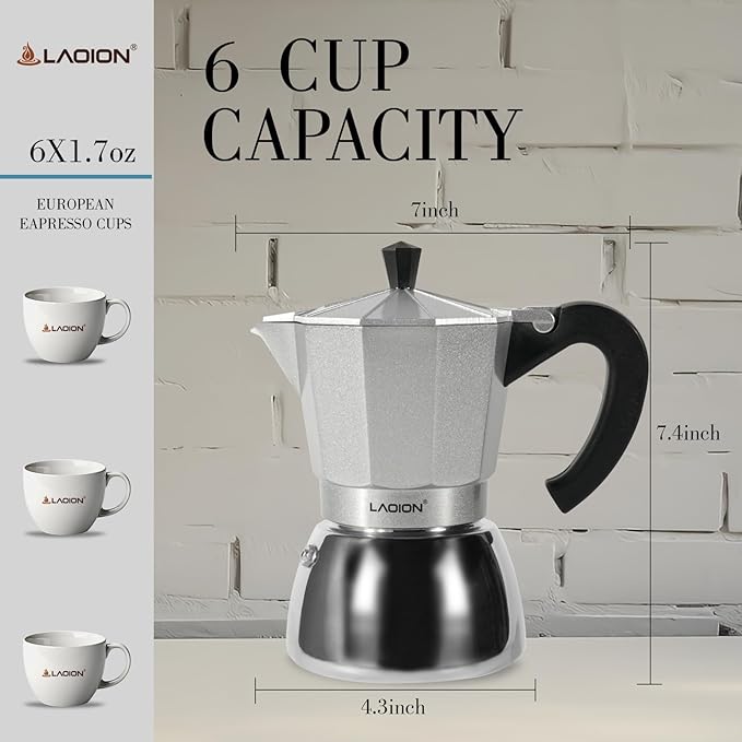 Stovetop Espresso Maker, 6Cup Moka Pot, Espresso Machine Compatible with Induction Cooktops, 300ml Stainless Steel & Aluminum Cuban Coffee Maker for Cafetera Cubana, Silver