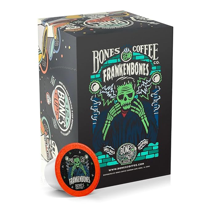 Bones Coffee Company Frankenbones, Hazelnut Chocolate Flavored Coffee Pods, Low Acid Medium Roast Single-Serve Bones Cups, Compatible with 1.0 & 2.0 K-Cups Brewers Coffee Maker, 12 Count