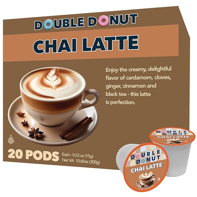 Double Donut Coffee Chai Latte Pods – Spiced & Creamy Chai Tea Latte – Notes of Cinnamon, Cardamom, Cloves & Ginger, Compatible with Keurig Brewers, 20 Count