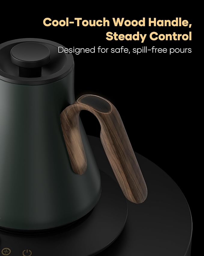 Cocinare FLOW B9 Gooseneck Electric Kettle, Precise Temperature Control for Pour-Over Coffee & Tea Brewing, Stainless Steel Interior, Rapid Heating for Boiling Water 1500W/0.9L (Green Wooden)